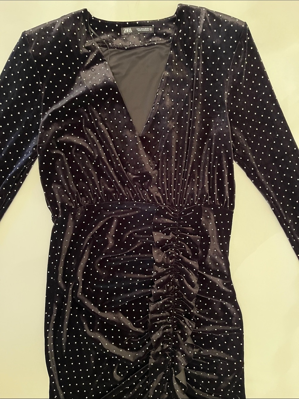 Zara Black Velvet Polka Dot Ruched Wrap-Front Tunic